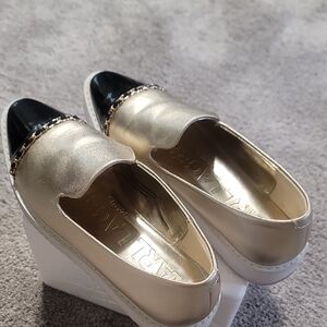 Karl Lagerfeld Metallic Gold and Black Wedge Loafers